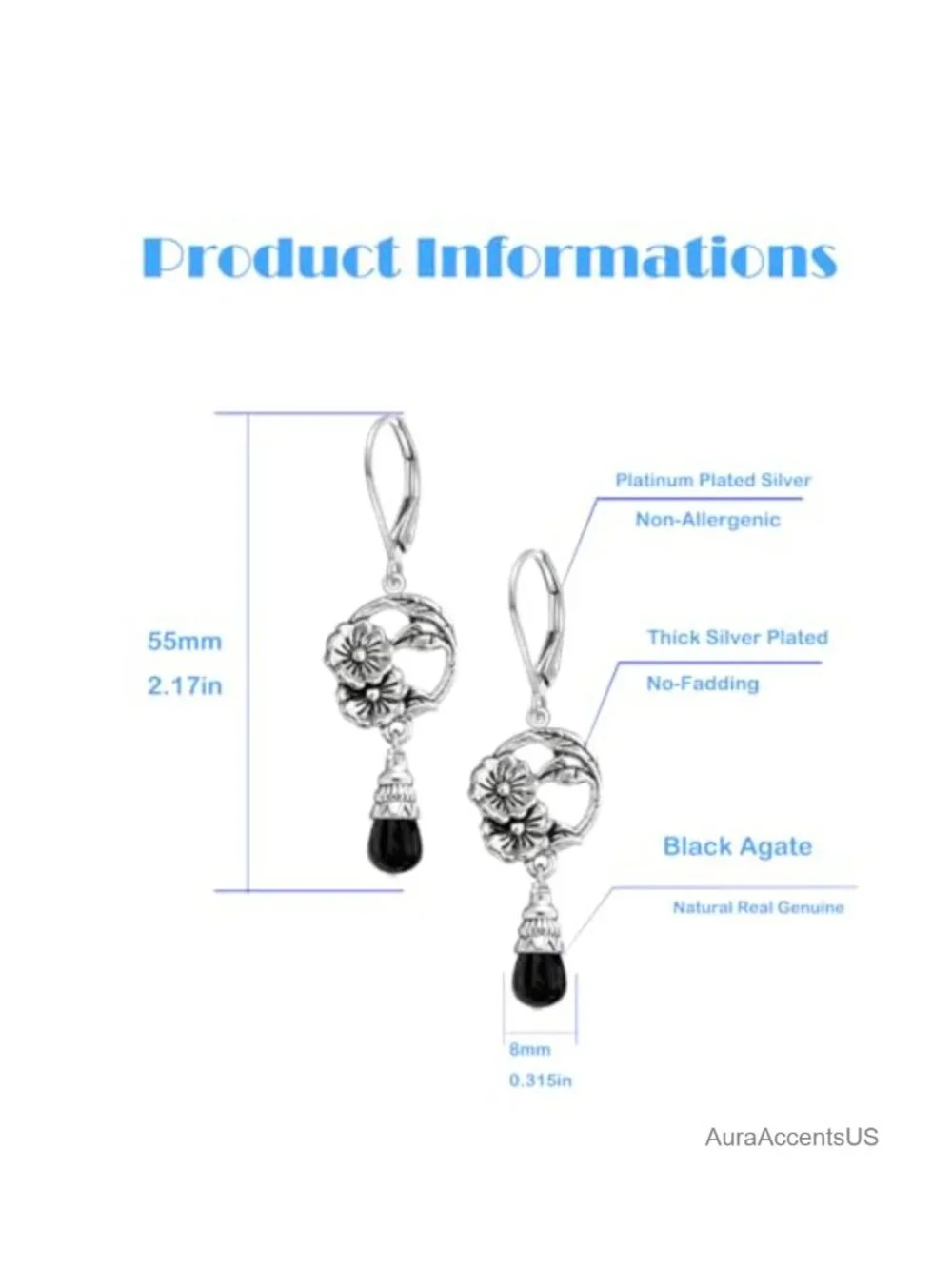 Natural Stone Drop Flower Earrings, Silver Plated Brass, French Leverback